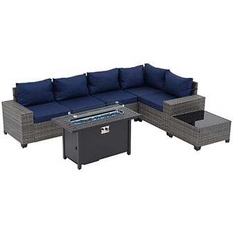 7 pc Furniture Set with 45" Fire Pit Table Outdoor Conversation Sets Wicker Rattan Sectional Sofa