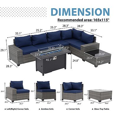 7-Piece Furniture Set with 45" Fire Pit Table Outdoor Conversation Sets Wicker Rattan Sectional Sofa