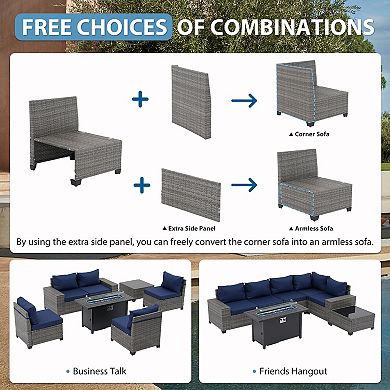 7-Piece Furniture Set with 45" Fire Pit Table Outdoor Conversation Sets Wicker Rattan Sectional Sofa