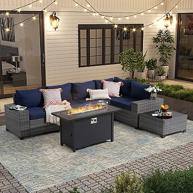 7-Piece Furniture Set with 45" Fire Pit Table Outdoor Conversation Sets Wicker Rattan Sectional Sofa