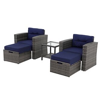 5 pc Outdoor Patio Furniture Set, Rattan Patio Chairs with Ottoman Set