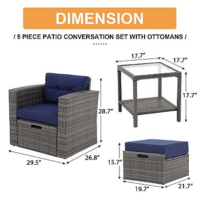 5-Piece Outdoor Patio Furniture Set, Rattan Patio Chairs with Ottoman Set