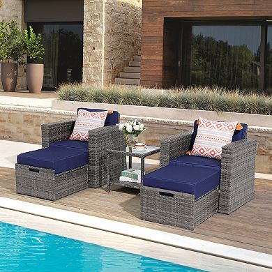 5-Piece Outdoor Patio Furniture Set, Rattan Patio Chairs with Ottoman Set