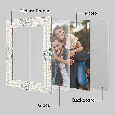 2 Pcs Pearl Picture Frame, Luxury Vintage Crystal Photo Frames with Glass Front on, Silver 7" x 10"