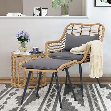 2 Pieces Patio Rattan Ottomans with Seat Cushions