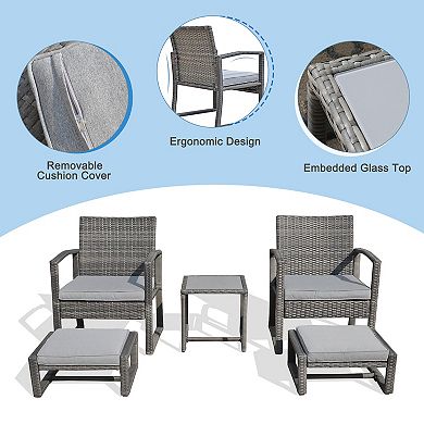 5 Pieces Outdoor Patio Conversation Set with 2 Armchairs, 2 Ottomans and 1 Coffee Table