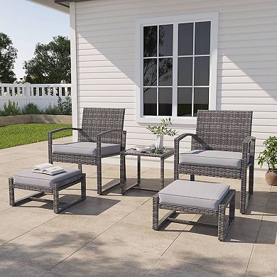 5 Pieces Outdoor Patio Conversation Set with 2 Armchairs, 2 Ottomans and 1 Coffee Table