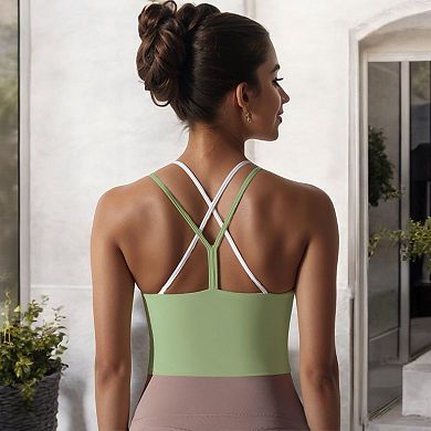 Women's Double Strap Athletic Crop Tank Top with Built-In Bra
