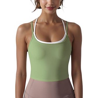 Women's Double Strap Athletic Crop Tank Top with Built-In Bra