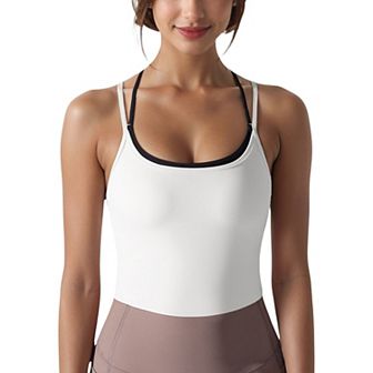 Women's Double Strap Athletic Crop Tank Top with Built-In Bra