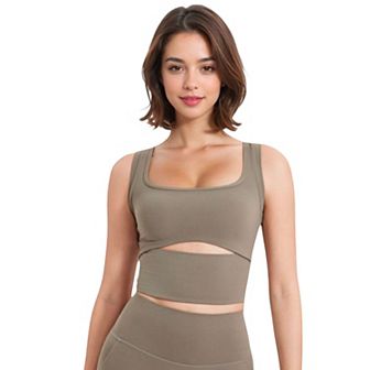 Women's Square Neck Sports Crop Top with Cutout Detail and Wide Shoulder Straps