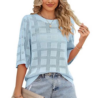 Summer Women's Crew Neck Hollowed-Out Sunscreen Sweater Cover-up Waffle Loose Solid Color Tops