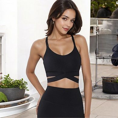 Women's Ribbed Cross Strap Sports Bra with Double Strap Detail