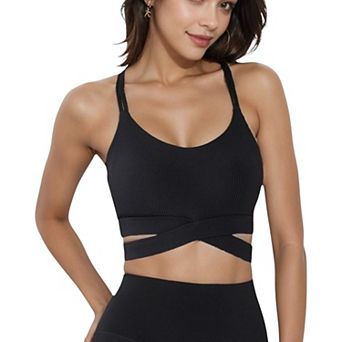 Women's Ribbed Cross Strap Sports Bra with Double Strap Detail