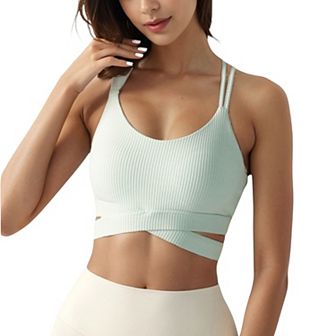 Women's Ribbed Cross Strap Sports Bra with Double Strap Detail