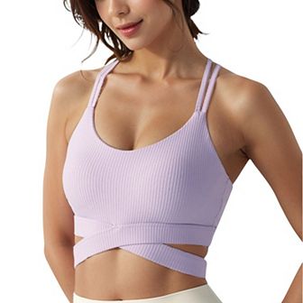 Women's Ribbed Cross Strap Sports Bra with Double Strap Detail