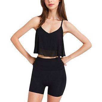 Women's Spaghetti Strap Layered Crop Top with Sheer Overlay