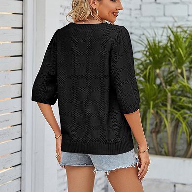 Summer Women's Crew Neck Hollowed-Out Sunscreen Sweater Cover-up Waffle Loose Solid Color Tops
