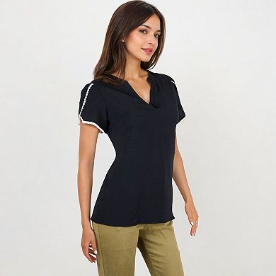 Women's V-Neck Blouse With Flutter Sleeves And Lace Trim Detail