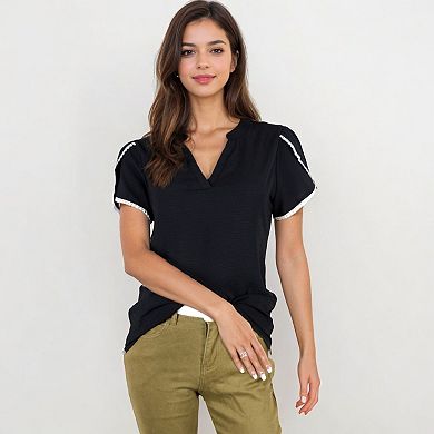 Women's V-Neck Blouse With Flutter Sleeves And Lace Trim Detail