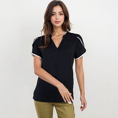 Women's V-Neck Blouse With Flutter Sleeves And Lace Trim Detail
