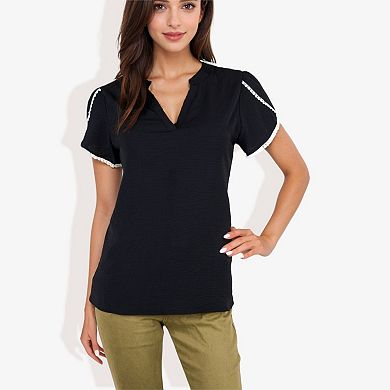 Women's V-Neck Blouse With Flutter Sleeves And Lace Trim Detail
