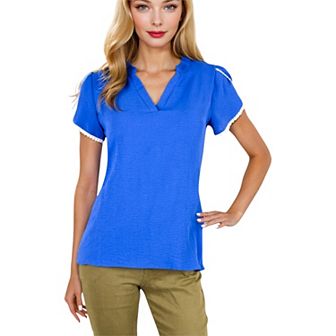Women's V-Neck Blouse With Flutter Sleeves And Lace Trim Detail