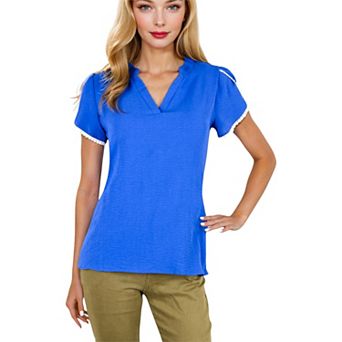 Women's V-Neck Blouse With Flutter Sleeves And Lace Trim Detail
