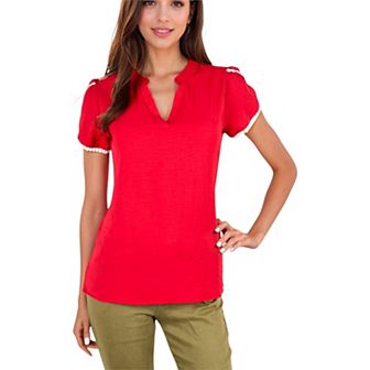 Women's V-Neck Blouse With Flutter Sleeves And Lace Trim Detail