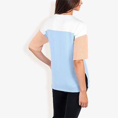 Women's Color Block Knit Top with Crew Neck and Short Sleeves