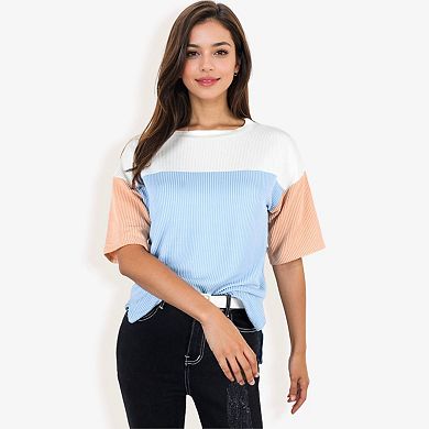 Women's Color Block Knit Top with Crew Neck and Short Sleeves