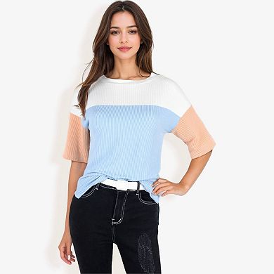 Women's Color Block Knit Top with Crew Neck and Short Sleeves