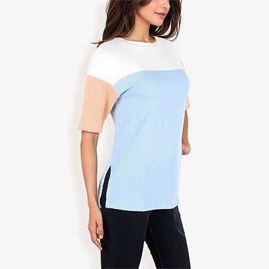 Women's Color Block Knit Top with Crew Neck and Short Sleeves