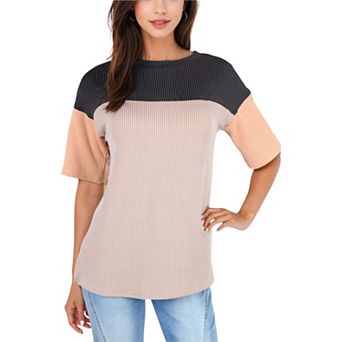 Women's Color Block Knit Top with Crew Neck and Short Sleeves