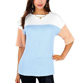 Women's Color Block Knit Top with Crew Neck and Short Sleeves