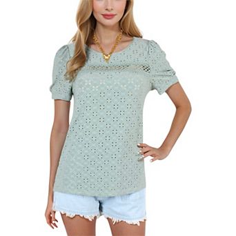 Women's Short Sleeve Eyelet Lace Top With Puffy Shoulders And Crochet Details