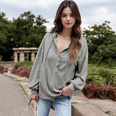 Women's Hoodie with Button Detail and Adjustable Drawstring