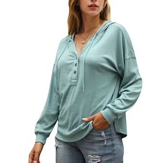 Women's Hoodie with Button Detail and Adjustable Drawstring