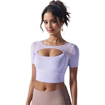 Women's Cut Out Short Sleeve Sports Bra with Seamless Design and Stretch Fabric