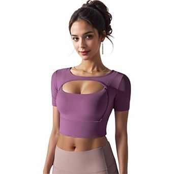 Women's Cut Out Short Sleeve Sports Bra with Seamless Design and Stretch Fabric