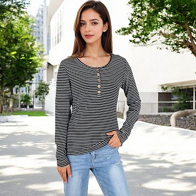 Women's Long Sleeve Striped Henley Top with Button Placket and Scoop Neck