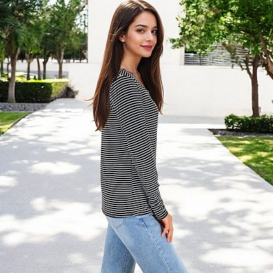 Women's Long Sleeve Striped Henley Top with Button Placket and Scoop Neck