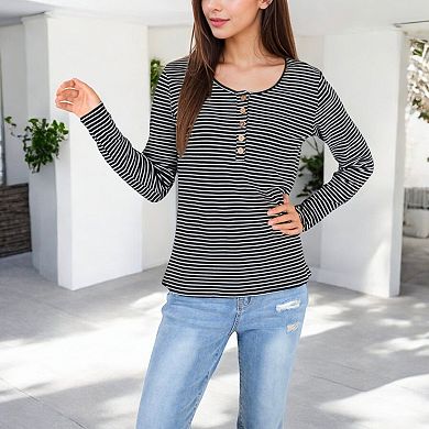 Women's Long Sleeve Striped Henley Top with Button Placket and Scoop Neck