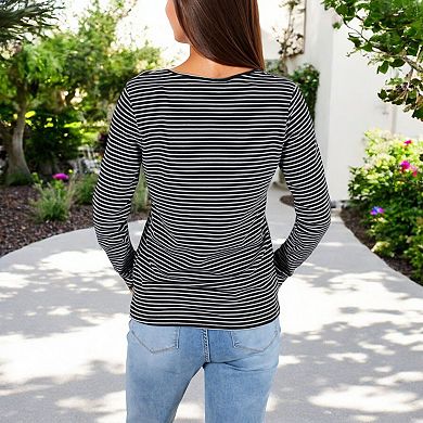 Women's Long Sleeve Striped Henley Top with Button Placket and Scoop Neck