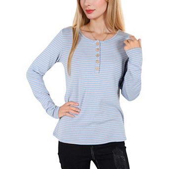 Women's Long Sleeve Striped Henley Top with Button Placket and Scoop Neck