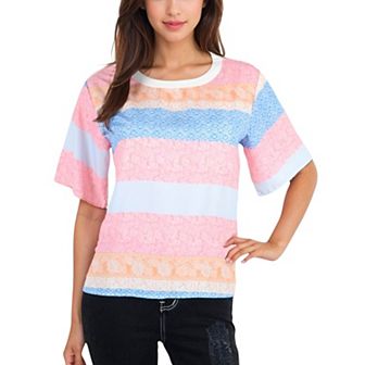 Women's Short Sleeve Crew Neck Textured Stripe Pattern Casual Tee