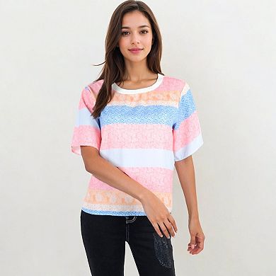Women's Short Sleeve Crew Neck Textured Stripe Pattern Casual Tee