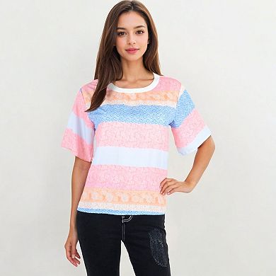 Women's Short Sleeve Crew Neck Textured Stripe Pattern Casual Tee