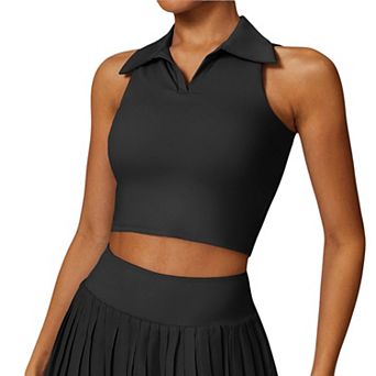 Women's Sleeveless Polo Crop Top with Collared Neckline and Stretch Fabric