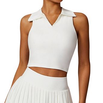 Women's Sleeveless Polo Crop Top with Collared Neckline and Stretch Fabric